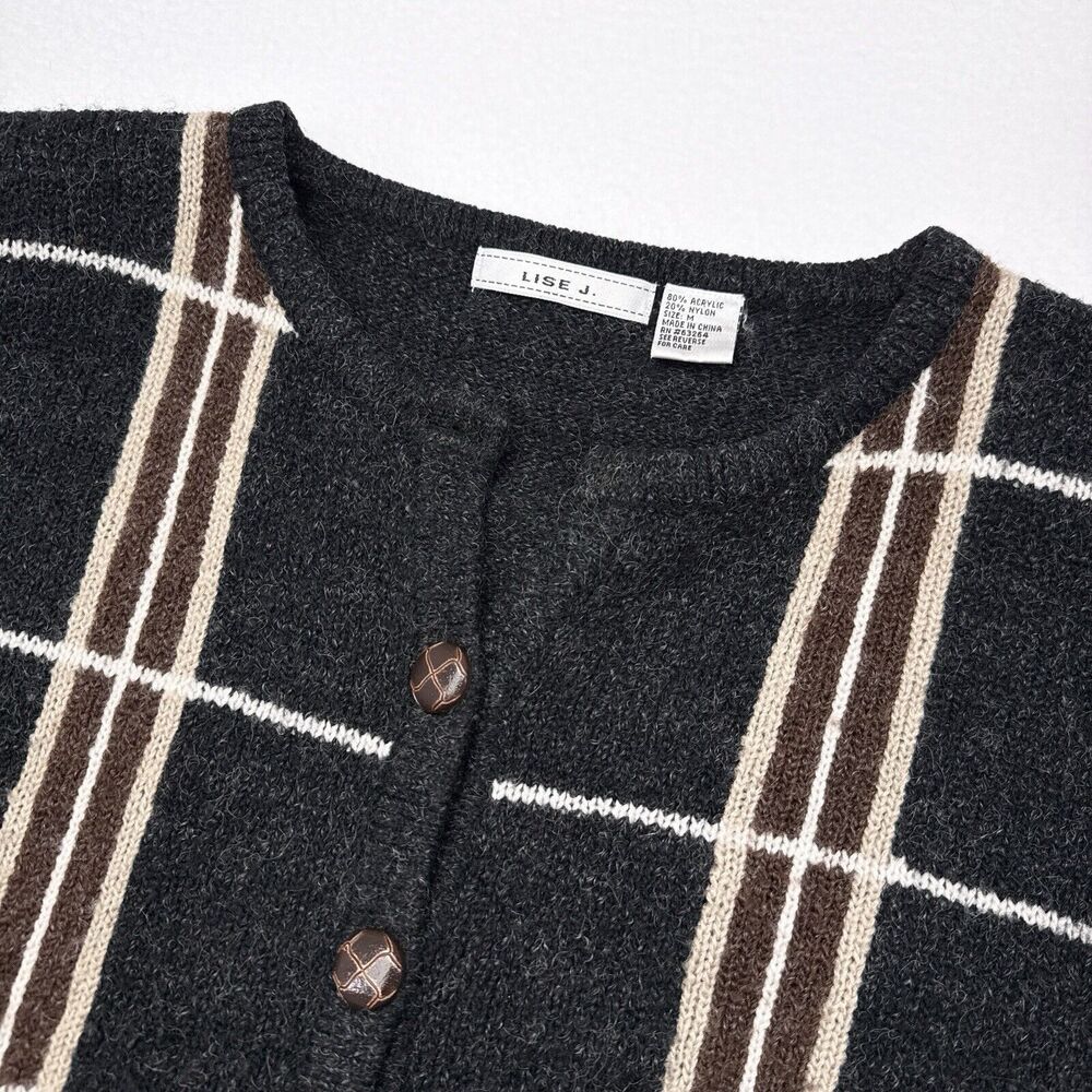 Vintage Cardigan Sweater‎ Women’s Medium Lise J Gray Plaid Grandmacore Old Money - Picture 4 of 9
